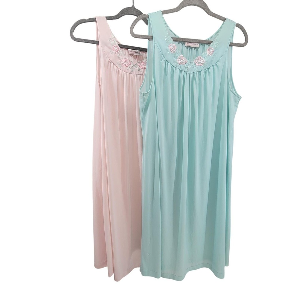 Shadowline Vintage Nightgown Lot 2 Pink Mint Green Floral Embroidered XL 1X